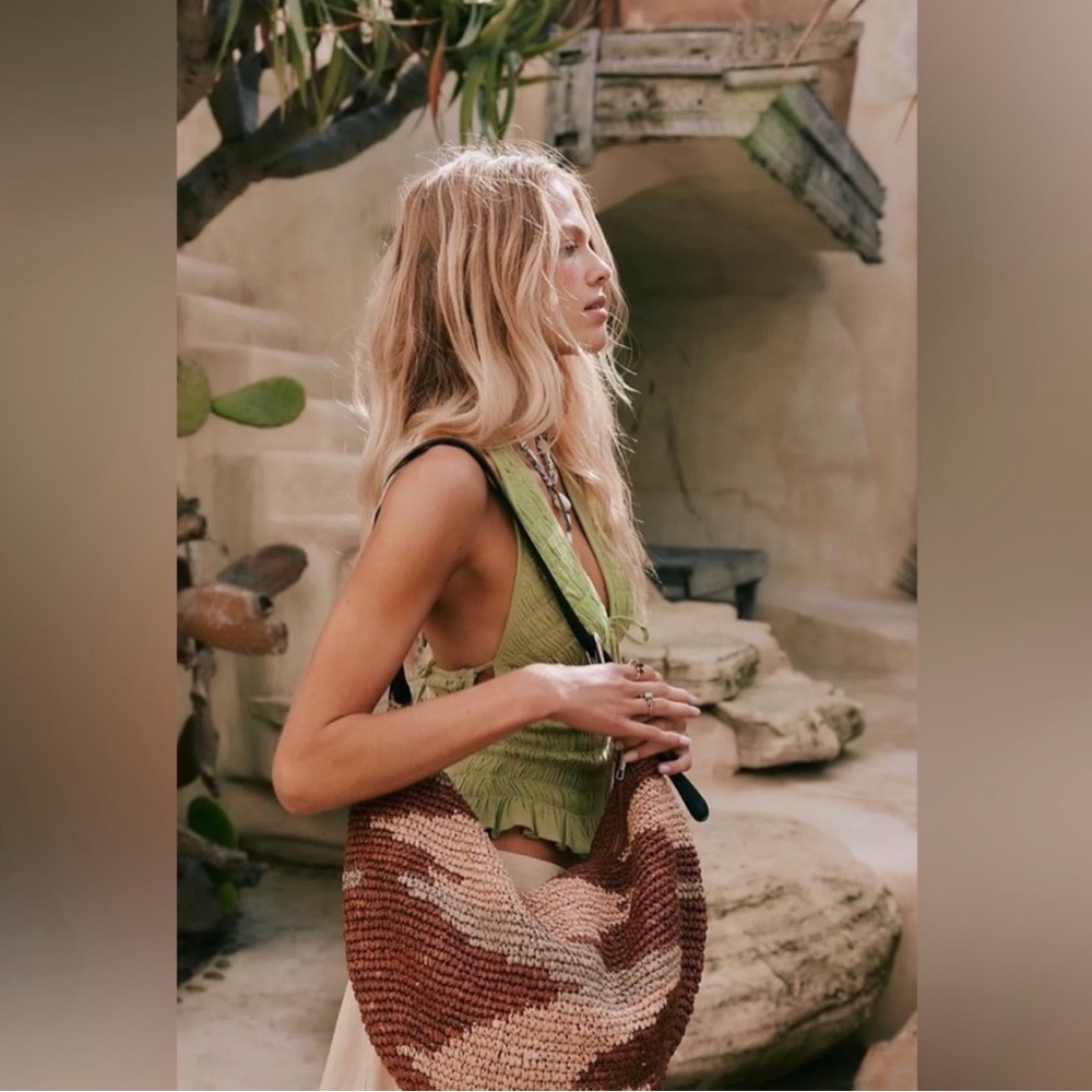 NWT Free People Santorini Straw Woven Raffia & Leather Earthy Tote Bag